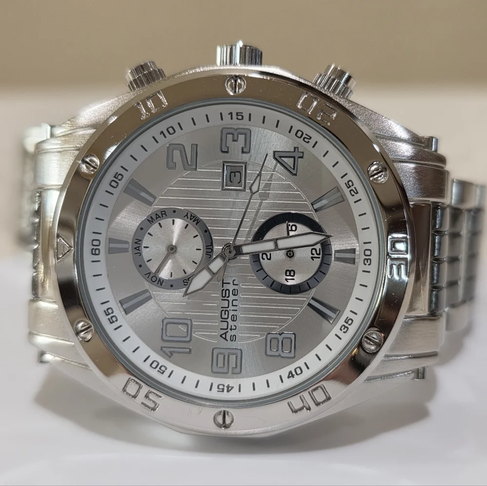 August Steiner Men's AS8070SS Swiss Quartz Month Date Silvertone Wrist Watch